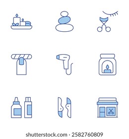 Beauty icons set. Line Duotone style, editable stroke. manicure, eyelashes, hair product, aroma, spa, stones, eyebrows, laser, barbershop.