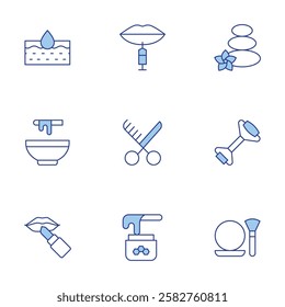Beauty icons set. Line Duotone style, editable stroke. make up, botox, lipstick, beauty, facial roller, moisturizing, hot stones, wax.