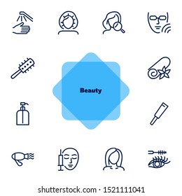 Beauty icons. Set of line icons on white background. Electric fan, perfume, meso therapy. Cosmetology concept. Vector illustration can be used for topics like cosmetics, beauty salon