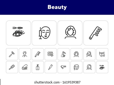 Beauty icons. Set of line icons on white background. Electric fan, perfume, meso therapy. Cosmetology concept. Vector illustration can be used for topics like cosmetics, beauty salon