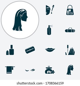 Beauty icons set with manicure, yoga mat, razor blade and other nail lacquer elements. Isolated vector illustration beauty icons.