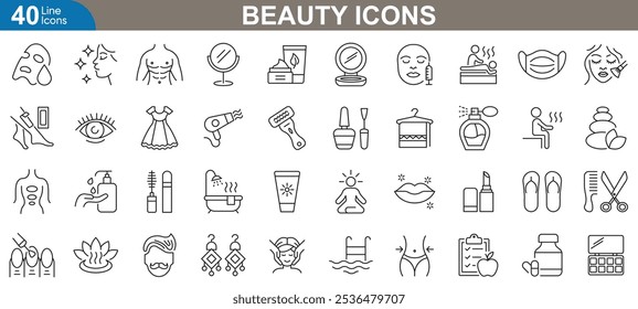 Beauty icons set. Skincare, makeup, spa, cosmetics, beauty salon, nail, wellness, fashion and more. vector illustrator.