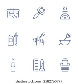 Beauty icons set. Thin Line style, editable stroke. aromatherapy, beauty, chair, foot spa, hair serum, lipstick, massager, nail polish, scissors.