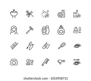 Beauty icons. Set of twenty line icons. Aromatherapy, perfume, mascara. Cosmetics concept. Vector illustration can be used for topics like beautician, service, hygiene