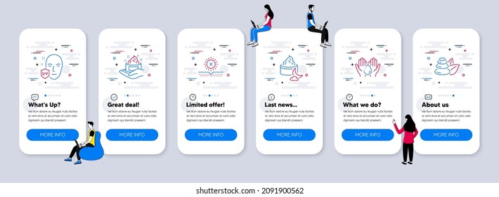 Beauty icons set. UI phone app screens with teamwork. Included icon as Wash hands, No sun, Skin care signs. Uv protection, Night cream, Spa stones line icons. Skin care, Uv protect, Hand cream. Vector