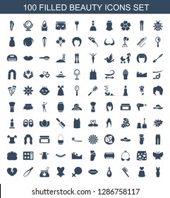 beauty icons. Trendy 100 beauty icons. Contain icons such as dress, hair brush, earring, lips, female, corset, make up bag, tweezers, broken heart. beauty icon for web and mobile.