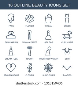 beauty icons. Trendy 16 beauty icons. Contain icons such as face, flower, cream, dress, baby napkin, woman pants, spa bag, curly hair, cream tube. beauty icon for web and mobile.