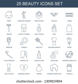 beauty icons. Trendy 25 beauty icons. Contain icons such as baby, dancing woman, ring in box, cravat, comb, razor, waist fitness, nail polish. beauty icon for web and mobile.