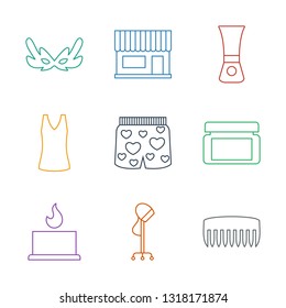 beauty icons. Trendy 9 beauty icons. Contain icons such as comb, hair dryer, candle, cream box, underwear with heart, singlet, nail polish, beauty salon. icon for web and mobile.