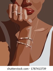 Beauty illustration. Fashion portrait of a woman with her hands at her face, template for jewellery display
