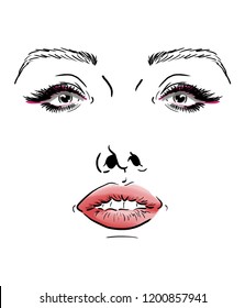 Beauty illustration with female eyes, long eyelashes, eyebrows and red shining lips. Design of perfume or cosmetic box, beauty magazine cover and decoration of beauty salon, cosmetics store, etc.