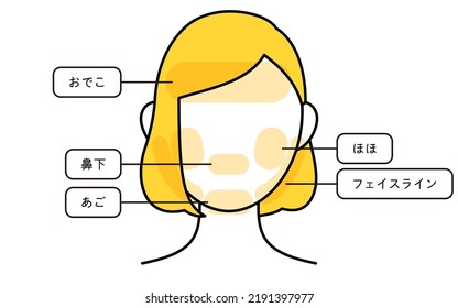 Beauty, Illustration of hair removal areas for women facial hair removal - Translation: forehead, under nose, chin, cheeks, face line