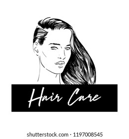 Beauty Illustration. Hand drawn fashion portrait of young woman with light make up and ponytail hairstyle. Logo Products for damaged and dry hair. Vector illustration. Hair care. Beautiful wavy hair