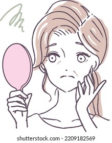 Beauty illustration material of a woman holding a hand mirror and suffering from fine wrinkles and nasolabial folds while looking at her face