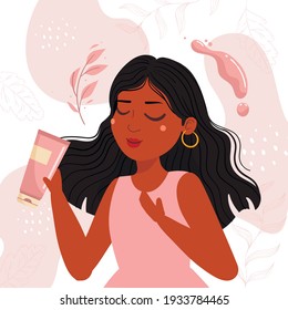 Beauty Indian Woman choose Eco Vegan Cosmetic. Natural Skin Care. Eco Lifestyle and Sustainability Consumerism Concept. Flat Cartoon Vector Illustration with leaf and pink water.