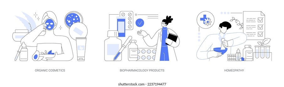 Beauty industry abstract concept vector illustration set. Organic cosmetics, biopharmacology products, homeopathy, skin treatment, natural pharmacy, nutrition supplement, holistic abstract metaphor.