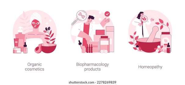 Beauty industry abstract concept vector illustration set. Organic cosmetics, biopharmacology products, homeopathy, skin treatment, natural pharmacy, nutrition supplement, holistic abstract metaphor.