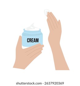 Beauty industry Face and skin care vector cream application from jar, on white background for beauty salons, spa centers, magazines, bloggers, brands, online stores and apps
