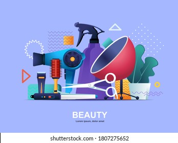 Beauty industry flat concept with gradients. Barbershop master, hairstyling salon web template. Professional equipment for hairdresser 3d composition, beauty shop service vector illustration.