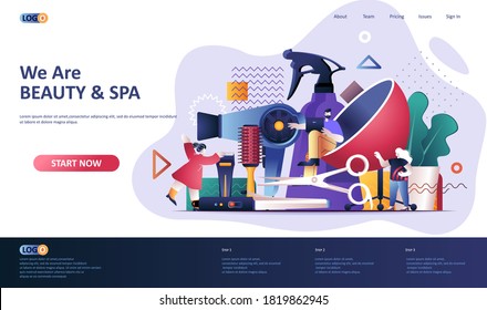 Beauty industry flat landing page template. Barbershop master, hairstyling salon web banner. Professional equipment for hairdresser 3d composition, beauty shop service. Web page vector illustration.