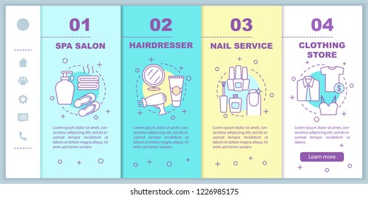 Beauty industry onboarding mobile web pages vector template. Spa, hairstyle, nail salon, clothes. Smartphone website interface with linear illustrations. Webpage walkthrough step screen. Color concept