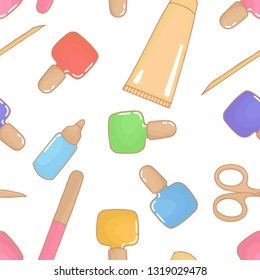 Beauty industry. Repeat pattern background. Manicure salon. Vector illustration. Wallpaper nail design