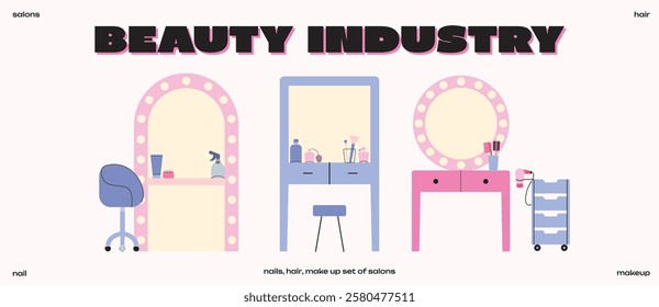 Beauty Industry, salon fair shops. Cartoon illustration of hair, makeup, nail salons with vanity tables, chairs, and beauty tools. Customers and stylists engage in grooming, styling, self-care routine