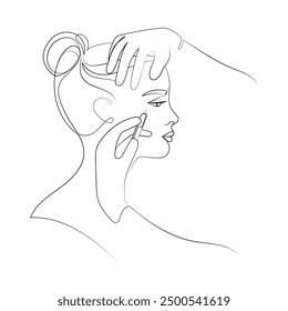 Beauty injection concept illustration Line art drawing. Cosmetologist or doctor's hands with a syringe make an injection into a woman's face line sketch drawing in modern minimalist style. Vector 