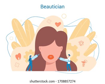 Beauty injection concept. Beauty salon procedure. Idea of body and face correction. Lip filler and anti-aging procedure. Illustration in cartoon style