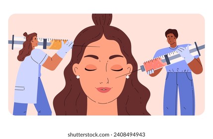 Beauty injection design concept, cartoon style vector illustration. The face of a pretty young woman, two people with syringes around. Beauty injections, rejuvenation and appearance care