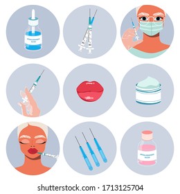 Iconos de inyección de belleza. Relleno de labios, amo sujetando una jeringa, cliente y crema facial. Colección de elementos cosmetológicos en círculos. Industria de belleza y concepto de inyección. Ilustración vectorial moderna