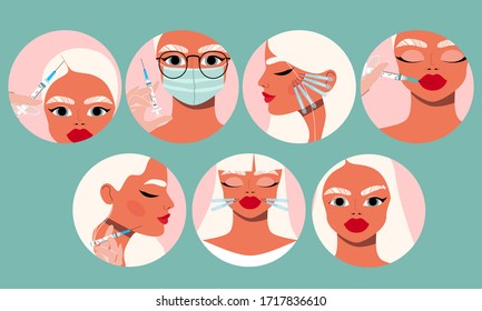 Beauty injection icons. Lip fillers, master holding a syringe, client and facial creme. Collection of cosmetology elements in circles. Beauty industry and injection concept. Modern vector illustration
