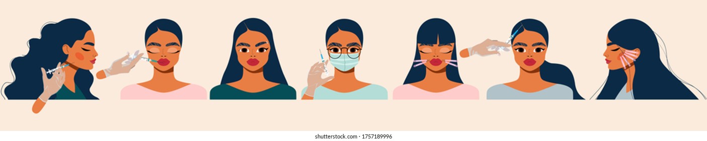 Iconos de inyección de belleza. Relleno de labios, maestro sosteniendo una jeringa, crema facial y cliente. Colección de chicas en la industria de la belleza. Procedimiento cosmético y concepto de inyección. Ilustración vectorial moderna