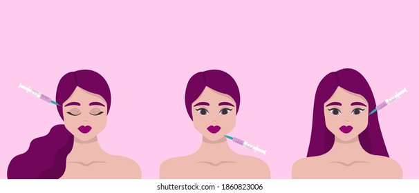 Beauty injection. Lip fillers, hyaluronic acid. Collection of girls in beauty industry. Cosmetic procedure and injection concept. Vector illustration.