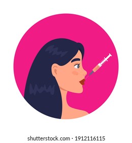 Beauty injection. Lip fillers, hyaluronic acid. Cosmetic procedure and injection concept. Girl in beauty industry vector illustration.