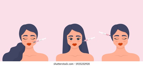 Beauty injection. Lip fillers, hyaluronic acid. Collection of girls in beauty industry. Cosmetic procedure and injection concept. Vector illustration.