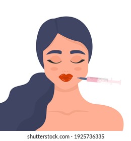 Beauty injection. Lip fillers, hyaluronic acid. Woman in beauty industry. Cosmetic procedure and injection concept. Vector illustration.