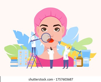 Beauty injection team work vector illustration. Hyaluronic acid corrects contour and shape face, eyelids and jaw line. Nurse takes notes. Doctor inserts needle. Skin girl smoothed.