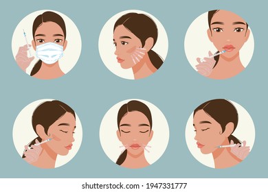 Beauty injections. Gloved hands with a syringe. Skin care. Fashion woman. Hand drawn vector illustration. Facial contour correction procedure. Jaw line fillers.