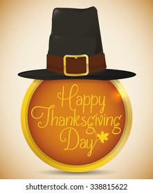 Beauty interface button for Thanksgiving Day with golden typography and a pilgrim hat on the top.