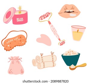 Beauty items for relaxation. Sleep mask, candles, massage roller, bath salt.  Spa and wellness salon. Homeopathy. Hand draw vector illustration