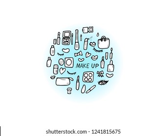 Beauty items. Set of doodle style cosmetic tools. Makeup collection.  Vector illustration.