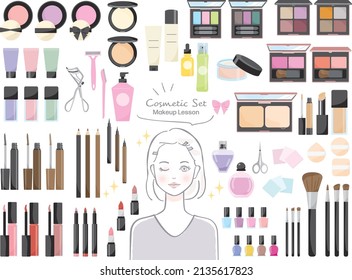 Beauty Items and Women Illustration Set