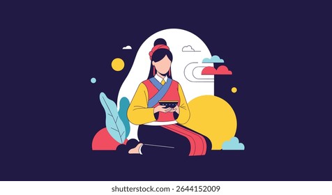 The Beauty of Japanese Culture A Traditional Figure with Decorative Elements in a Flat Design