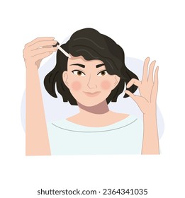 Beauty and kin Care Concept. Woman Using Cosmetic Dropper on Face. Woman Applying Cosmetic Dropper and showing OK hand sign.