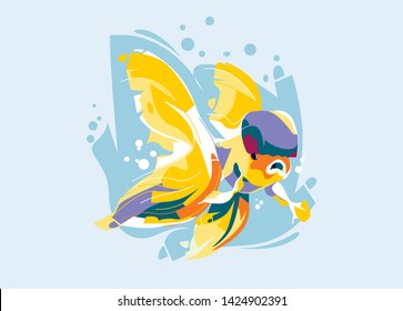 Beauty koki fish or an Oranda goldfish in colorful pop art syle