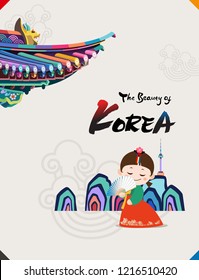 The Beauty of Korea (Hanbok children characters under Korean traditional roof are smiling with fan) The Beauty of Korea (Hanbok children characters under Korean traditional roof are smiling with fan)
