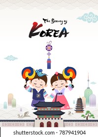 Die Schönheit Koreas. Koreanischer traditioneller hanbok-Kinderpaarfigur heißt Sie herzlich willkommen, Korea mit taegeuk-Fan zu besuchen.