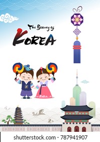 The Beauty of Korea. Korean traditional hanbok child couple character welcomes you to visit Korea with taegeuk fan.