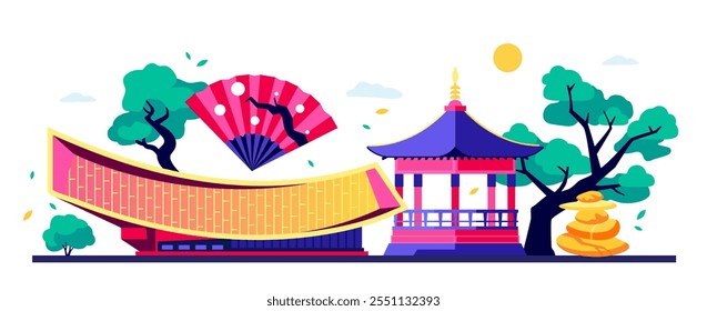 Beauty of Korean national architecture - modern colored vector illustration